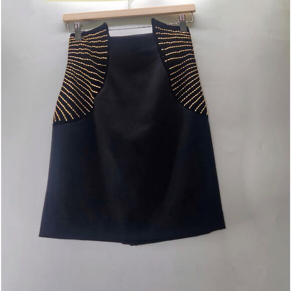 Vintage Caché Gold Beaded Embellished Wool Mini Pencil Black Skirt 10 - Picture 1 of 9